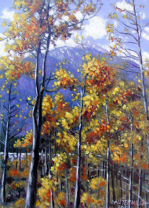Aspens Art Print featuring the painting Shimmering Aspens by John Lautermilch