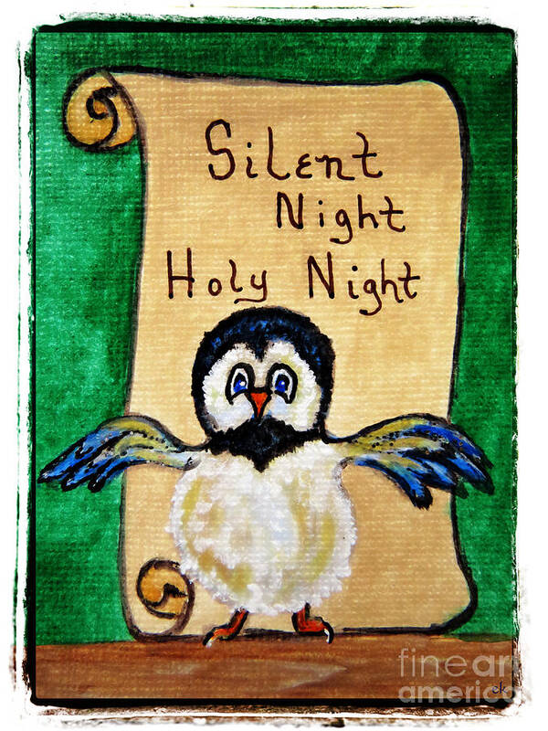 Christmas Art Print featuring the painting Silent Night - Whimsical Chickadee Choir Director by Ella Kaye Dickey