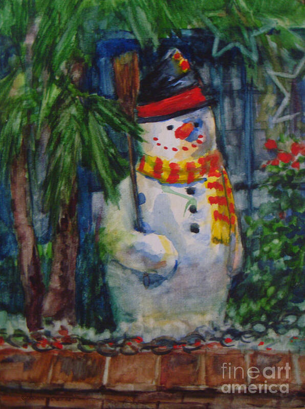 Christmas Art Print featuring the painting Smiling Snowman by Joan Coffey