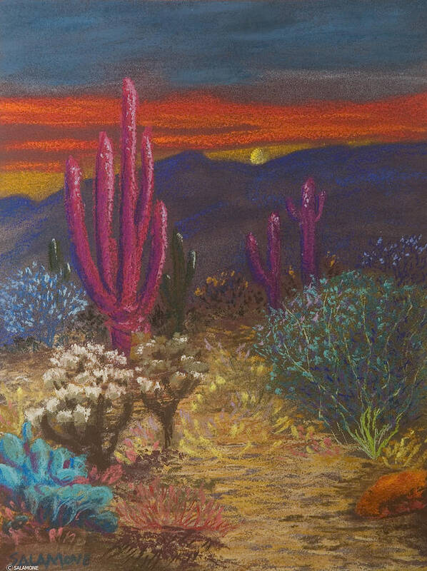 Saguaro Cactus Tucson Arizona Desert Catalina Mountains Landscape Sonora Nature Art Print featuring the pastel Sonoran Sentinels by Brenda Salamone