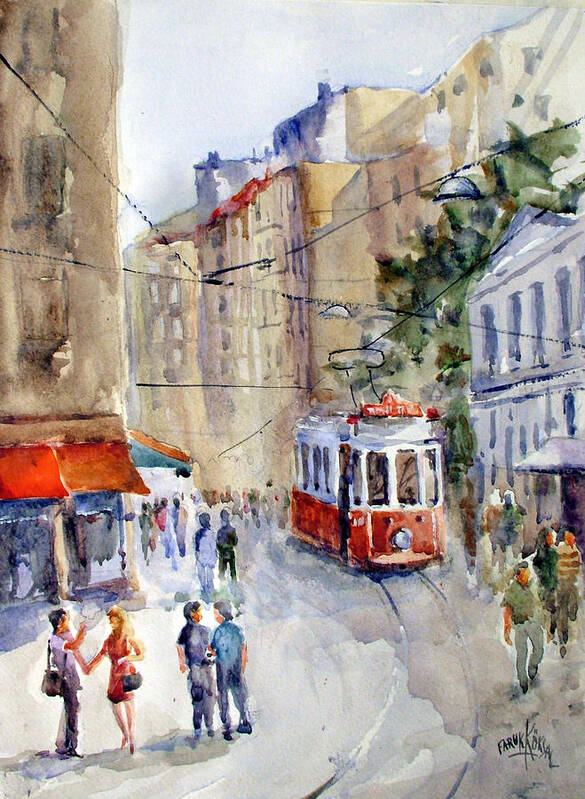 Tram Art Print featuring the painting Square Tunel - Beyoglu Istanbul by Faruk Koksal