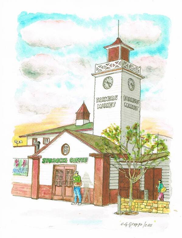 Starbucks Coffee Art Print featuring the painting Starbucks Coffee at Farmers Market in Fairfax Ave and 3rh Street - Los Angeles - California by Carlos G Groppa
