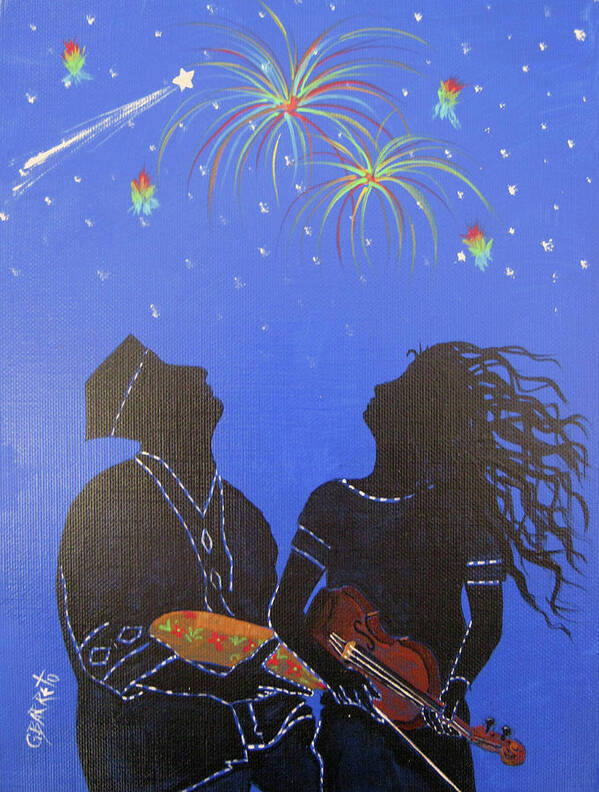 Fireworks Art Print featuring the painting Starry Night by Gloria E Barreto-Rodriguez
