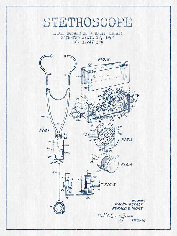 Stethoscope Art Print featuring the digital art Stethoscope Patent Drawing From 1966 - Blue Ink by Aged Pixel