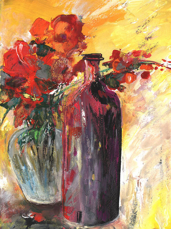 Flowers Art Print featuring the painting Still Live with Flowers Vase and Black Bottle by Miki De Goodaboom