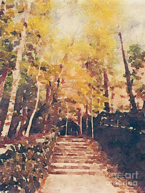 Forest Art Print featuring the painting Stone Path Through a Forest in Autumn by Beverly Claire Kaiya