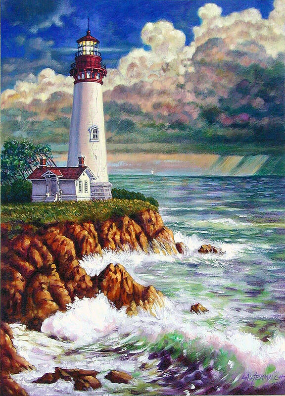 Lighthouse Art Print featuring the painting Storm Rolling In two by John Lautermilch