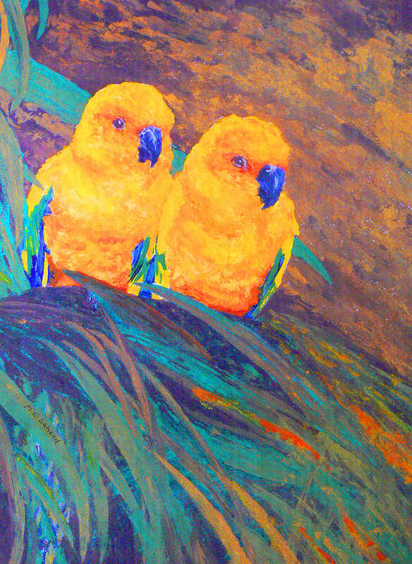 Sun Conure Art Print featuring the painting Sun Conures by Margaret Saheed
