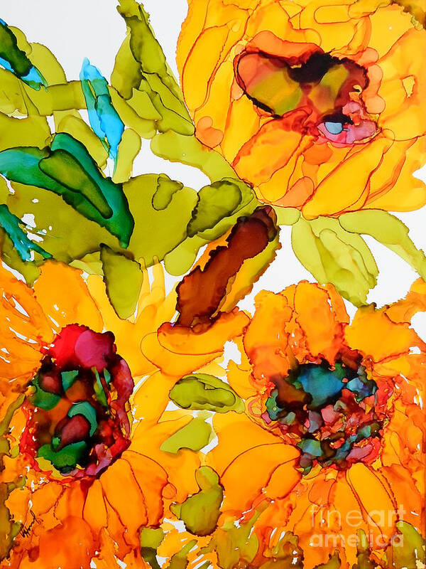 Alcohol Ink Art Print featuring the painting Sunflower Trio by Vicki Housel