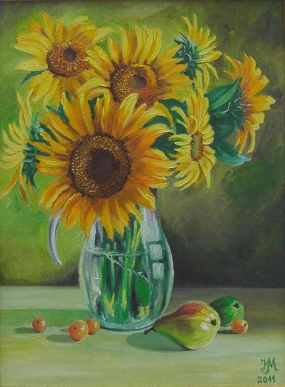 Sunflowers Art Print featuring the painting Sunflowers in glass jug by Nina Mitkova
