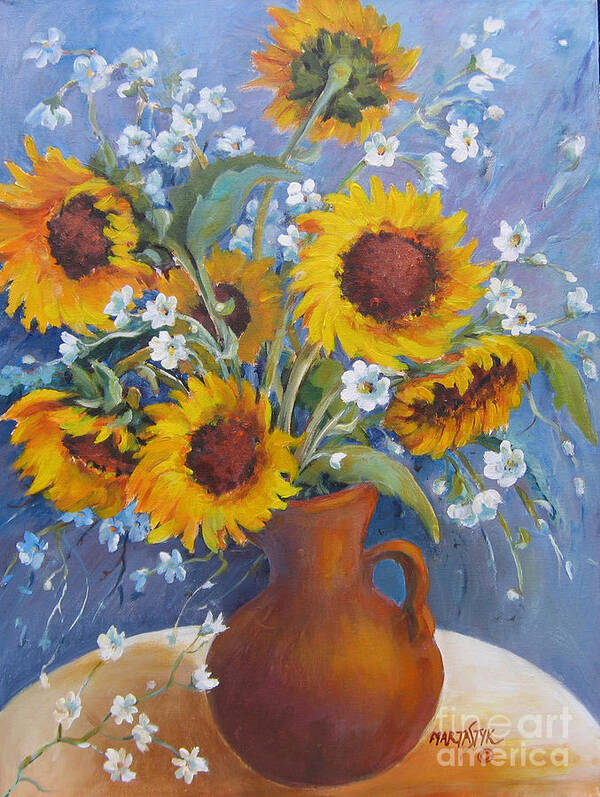 Flowers Art Print featuring the painting Sunflowers in Pitcher by Marta Styk