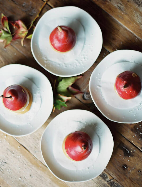 Provo Art Print featuring the photograph Tabletop Viewed From Above. Four Plates by Mint Images - Britt Chudleigh