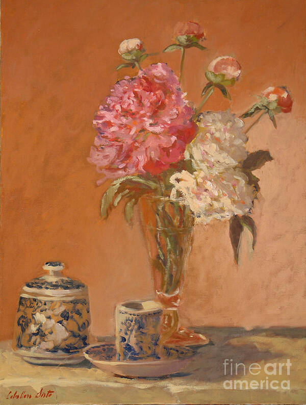 Still Life Arrangements Art Print featuring the painting Tea cup with peonies by Monica Elena