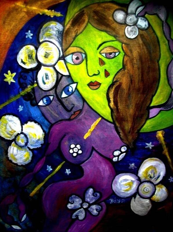 Lune Art Print featuring the painting Tete Dans La Lune by Dinah Hascoet