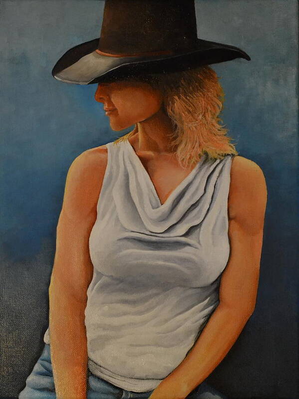 A Portrait Of A Woman Wearing A Black Cowboy Hat And White Blouse With Blue Jeans. Art Print featuring the painting Texas Rose by Martin Schmidt