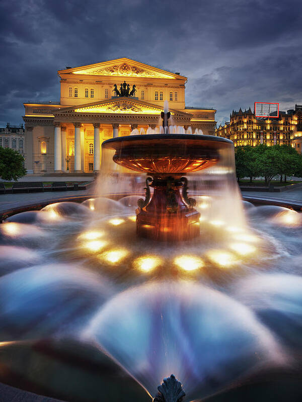 Outdoors Art Print featuring the photograph The Bolshoi Theatre And Fountain At Dusk by Jon Hicks