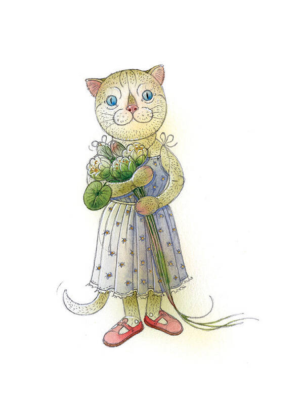 Cat Flowers Blue Greeting Card Art Print featuring the painting The Dream Cat 01 by Kestutis Kasparavicius