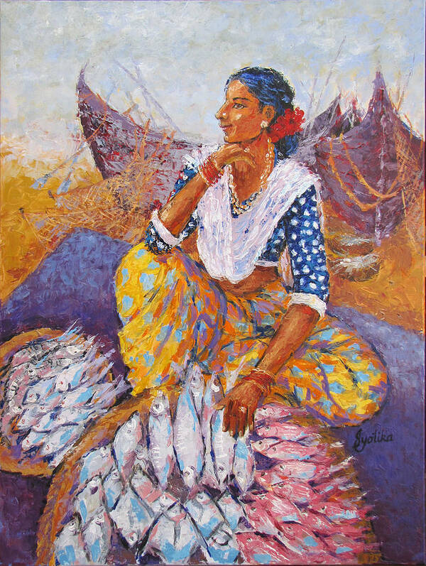Fish Art Print featuring the painting The Fisherwoman by Jyotika Shroff
