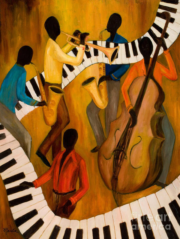 Jazz Art Print featuring the painting The Get-Down Jazz Quintet by Larry Martin