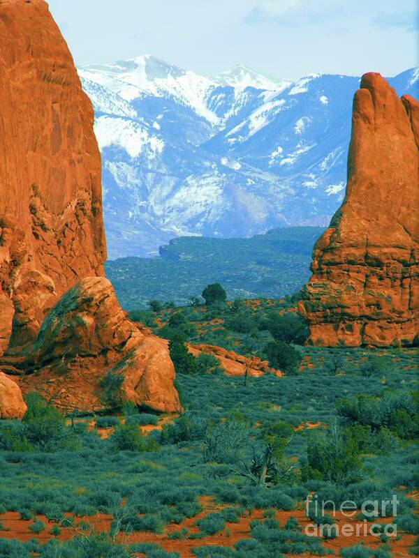Iconic View Of The La Sals From Arches National Monument Near Moab Utah Art Print featuring the digital art The La Sals from Archers by Annie Gibbons