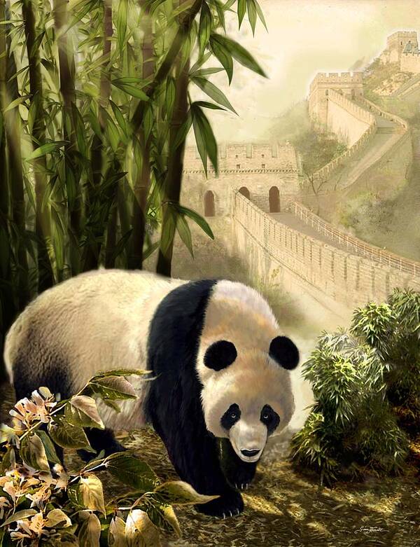 Art Work By Gina Femrite Art Print featuring the painting The panda bear and the Great Wall of China by Regina Femrite