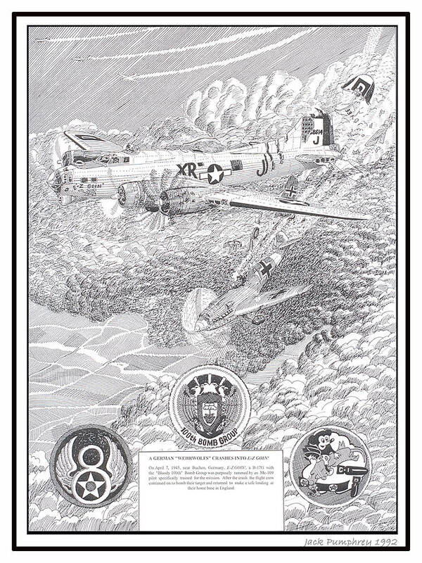 Art Of Famous Bombers Art Print featuring the drawing They all lived crash of Boeing B 17 and ME 109 by Jack Pumphrey
