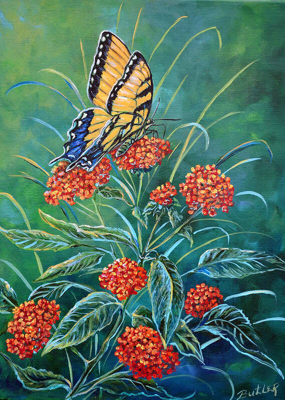 Nature Butterfly Tiger Swallowtail Lantana Art Print featuring the painting Tiger and Lantana by Gail Butler