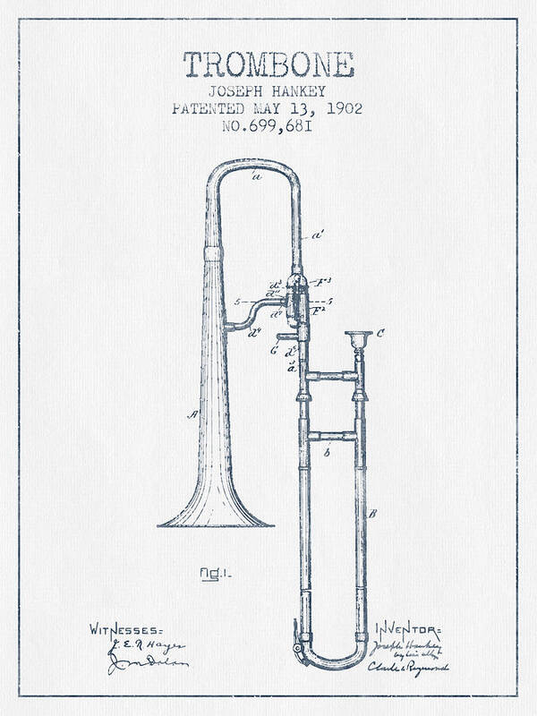 Trombone Art Print featuring the digital art Trombone Patent from 1902 - Blue Ink by Aged Pixel