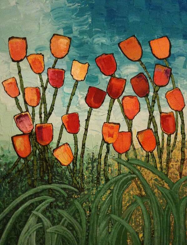 Red Art Print featuring the painting Tulips by Linda Bailey