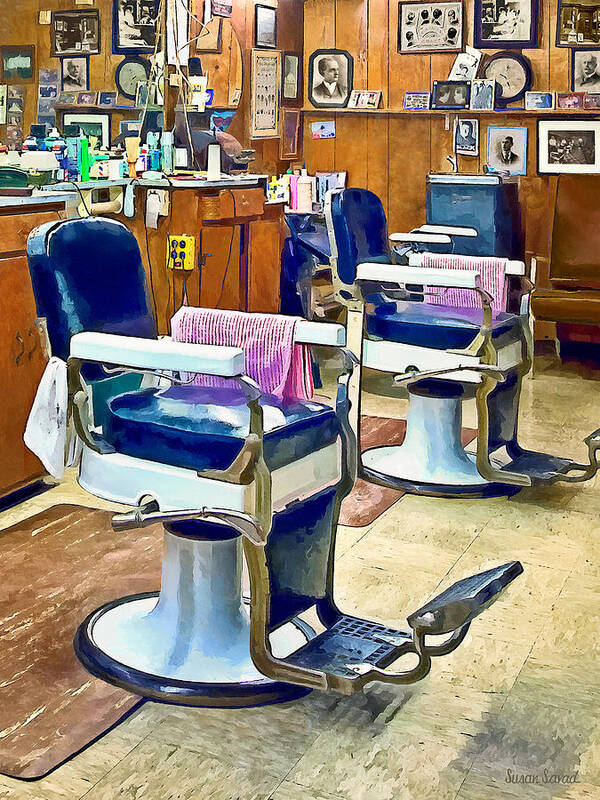 Barber Shop Art Print featuring the photograph Two Barber Chairs With Pink Striped Barber Capes by Susan Savad