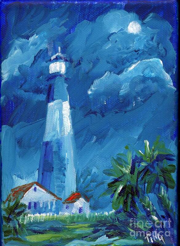 Tybee Lighthouse Art Print featuring the painting Tybee Lighthouse Night mini by Doris Blessington