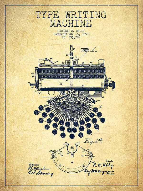 Type Writing Machine Patent Drawing From 1897 - Vintage Art Print by Aged  Pixel - Fine Art America