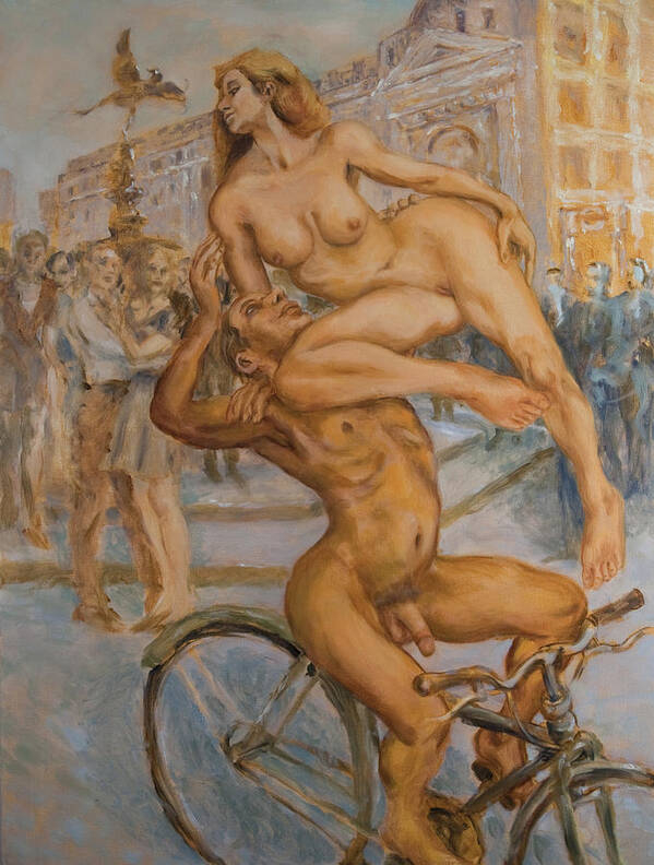 Nudes Art Print featuring the painting Venus and Adonis cycling under Eros by Peregrine Roskilly