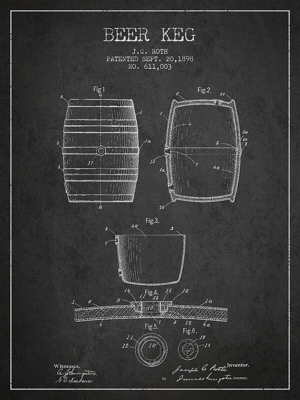 Beer Keg Art Print featuring the digital art Vintage Beer Keg Patent Drawing from 1898 - Dark by Aged Pixel