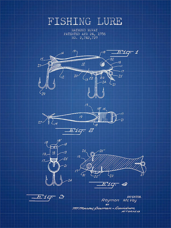 Vintage Fishing Lure Patent from 1956 - Blueprint Art Print by
