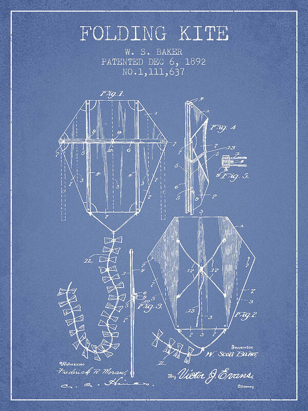 Kite Art Print featuring the digital art Vintage Folding Kite Patent from 1892 -Light Blue by Aged Pixel
