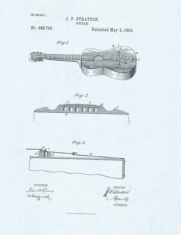Electric Art Print featuring the drawing Guitar Patent drawing on blue background #11 by Steve Kearns