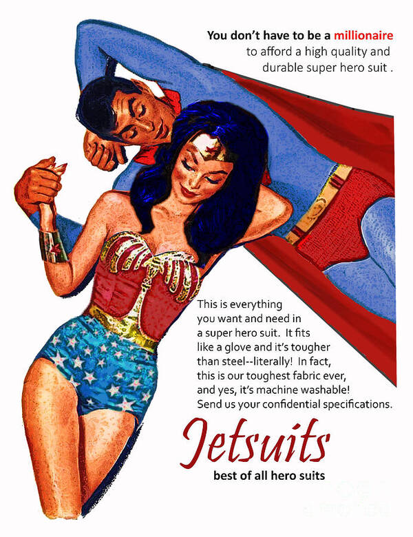 Comic comic Book comic Books Super super Hero super Heroes Superhero Superheroes Humor wonder Woman Superman Jetsuits Vingtage Advertisement Ad Caldevilla Art Print featuring the digital art Vintage Jetsuit Advertisement by David Caldevilla