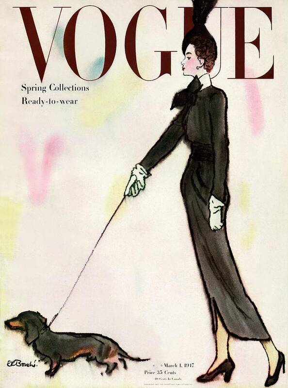 Fashion Art Print featuring the photograph Vogue Cover Featuring A Woman Walking A Dog by Rene R. Bouche