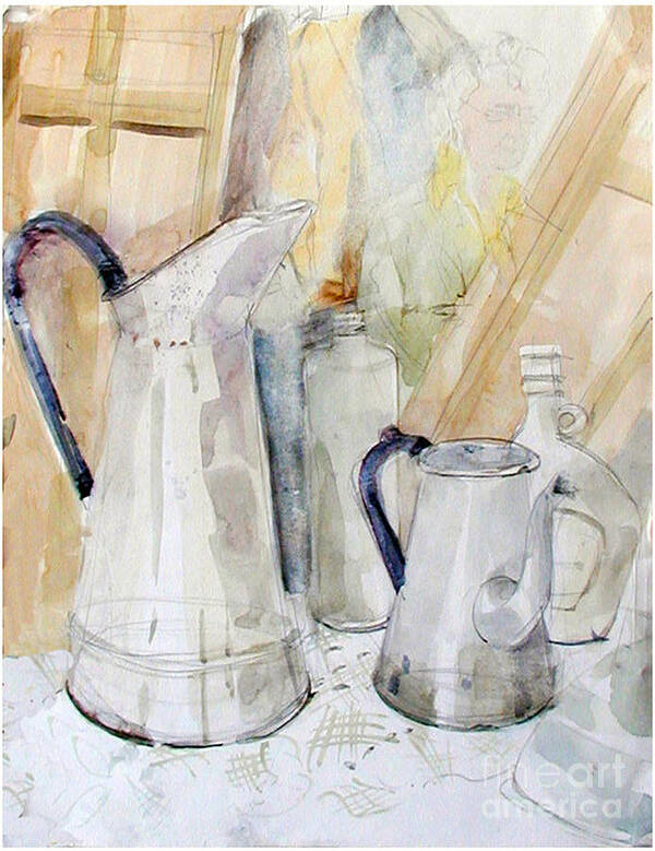 Greta Corens Watercolors Art Print featuring the painting Watercolor still life of white cans by Greta Corens