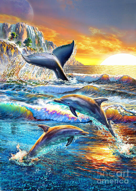 Adrian Chesterman Art Print featuring the digital art Whale and Dolphins by MGL Meiklejohn Graphics Licensing