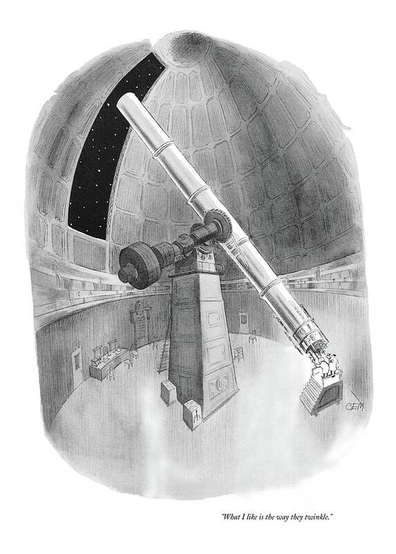 
(two Astronomers Looking At Stars Through A Giant Telescope In An Observatory.) Science Space Nature Artkey 44773 Art Print featuring the drawing What I Like Is The Way They Twinkle by Charles E. Martin