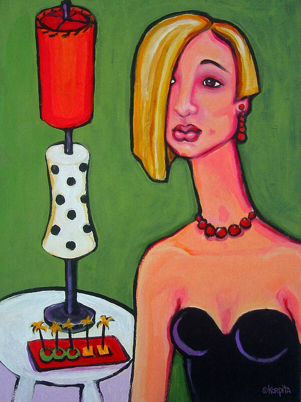 Whimsical Woman Art Print featuring the painting Whimsical Woman Little Black Dress - Mid Century Lamp by Rebecca Korpita