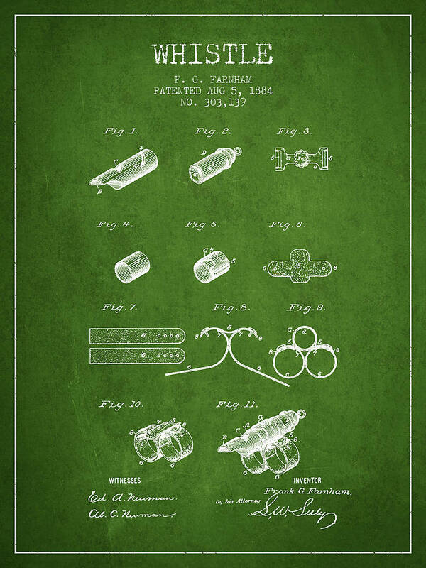 Whistle Art Print featuring the digital art Whistle Patent from 1884 - Green by Aged Pixel