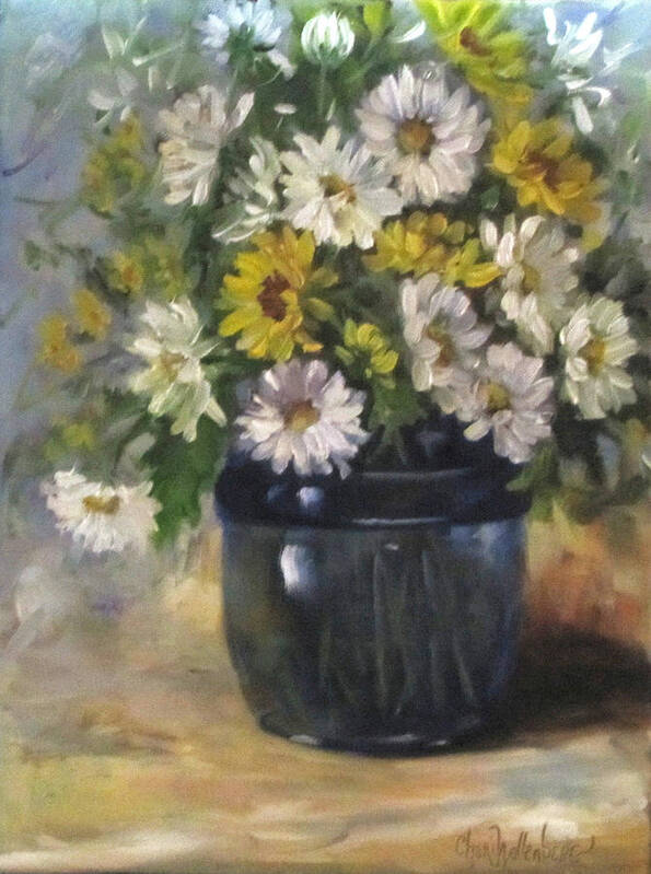 White Daisies Art Print featuring the painting White and Yellow Daisies Still Life by Cheri Wollenberg