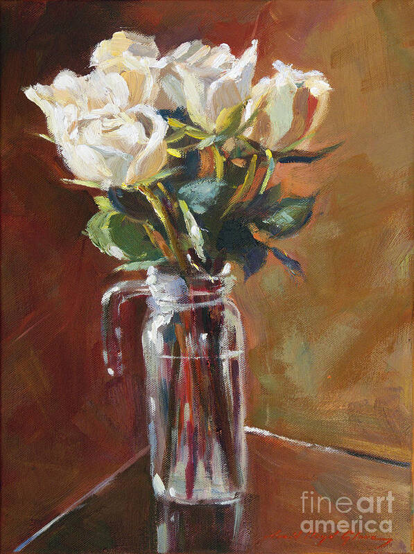 Still Life Art Print featuring the painting White Roses and Glass by David Lloyd Glover