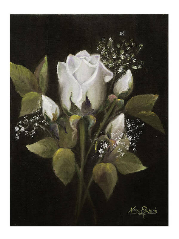 Flower Art Print featuring the painting White Roses by Nancy Edwards