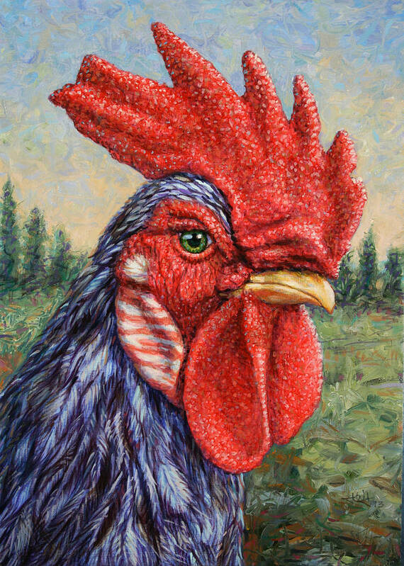 Rooster Art Print featuring the painting Wild Blue Rooster by James W Johnson