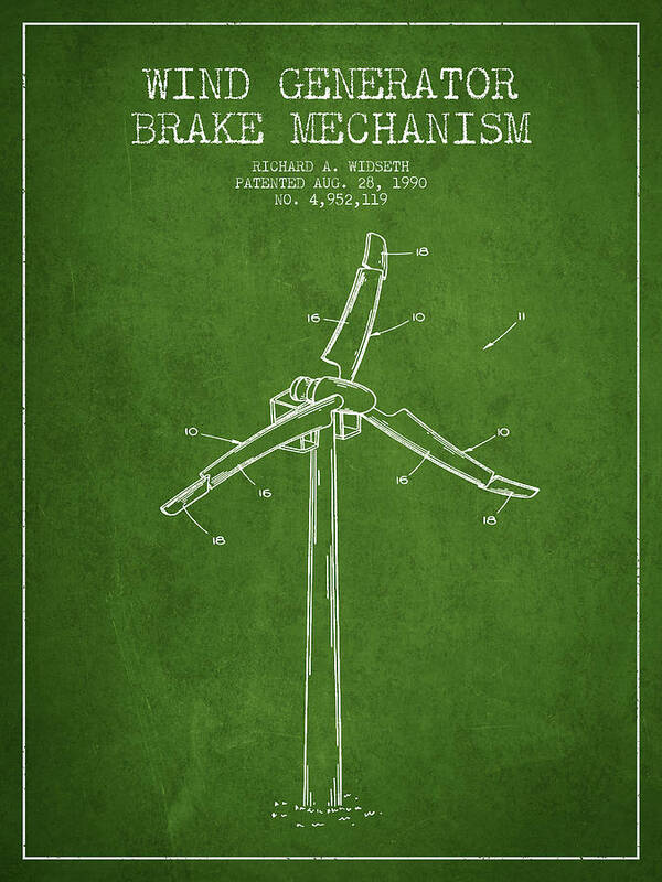 Wind Turbine Art Print featuring the digital art Wind Generator Break Mechanism Patent from 1990 - Green by Aged Pixel