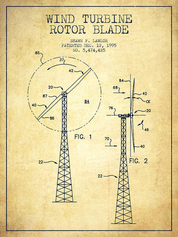 Wind Turbine Art Print featuring the digital art Wind Turbine Rotor Blade Patent from 1995 - Vintage by Aged Pixel